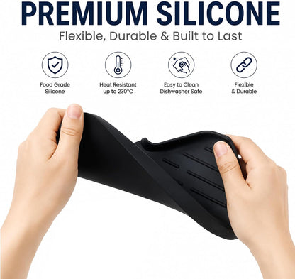 Silicone Soap Dish with Drain Spout, Self-Draining Sink Organizer Tray for Bathroom and Kitchen, Sponges, Dispensers and Soap Holder, Non-Slip and Dishwasher Safe, Black (Compact, 4.9"×3.2")