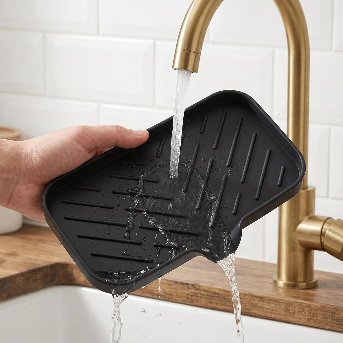 Silicone Soap Dish with Drain Spout, Self-Draining Sink Organizer Tray for Bathroom and Kitchen, Sponges, Dispensers and Soap Holder, Non-Slip and Dishwasher Safe, Black (Compact, 4.9"×3.2")