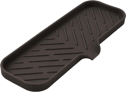Silicone Soap Dish with Drain Spout, Self-Draining Sink Organizer Tray for Bathroom and Kitchen, Sponges, Dispensers and Soap Holder, Non-Slip and Dishwasher Safe, Black (Compact, 4.9"×3.2")