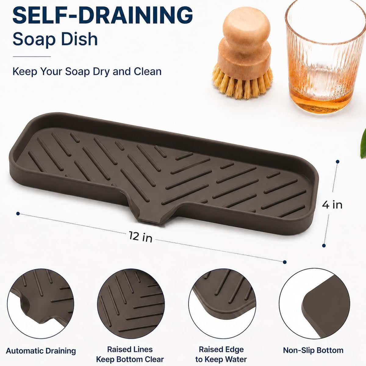 Silicone Soap Dish with Drain Spout, Self-Draining Sink Organizer Tray for Bathroom and Kitchen, Sponges, Dispensers and Soap Holder, Non-Slip and Dishwasher Safe, Black (Compact, 4.9"×3.2")