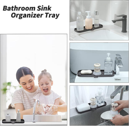 Silicone Soap Dish with Drain Spout, Self-Draining Sink Organizer Tray for Bathroom and Kitchen, Sponges, Dispensers and Soap Holder, Non-Slip and Dishwasher Safe, Black (Compact, 4.9"×3.2")