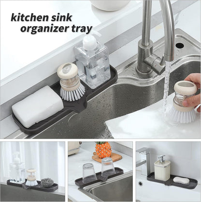 Silicone Soap Dish with Drain Spout, Self-Draining Sink Organizer Tray for Bathroom and Kitchen, Sponges, Dispensers and Soap Holder, Non-Slip and Dishwasher Safe, Black (Compact, 4.9"×3.2")