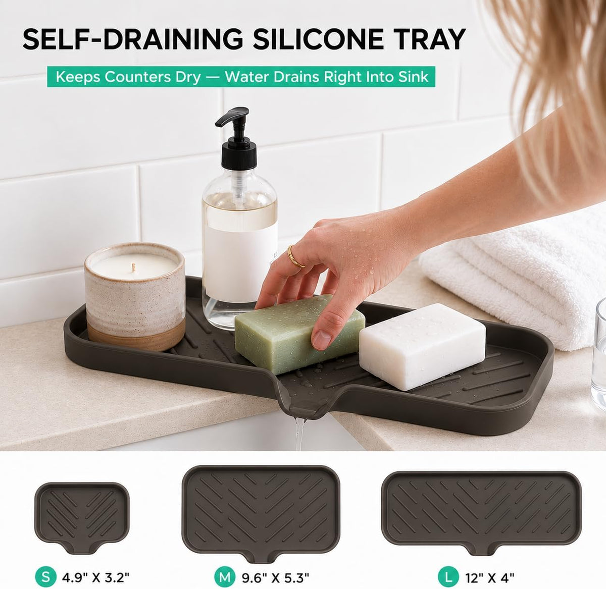 Silicone Soap Dish with Drain Spout, Self-Draining Sink Organizer Tray for Bathroom and Kitchen, Sponges, Dispensers and Soap Holder, Non-Slip and Dishwasher Safe, Black (Compact, 4.9"×3.2")