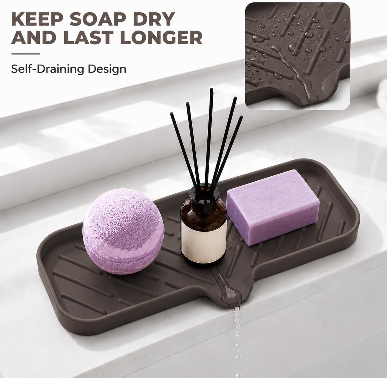 Silicone Soap Dish with Drain Spout, Self-Draining Sink Organizer Tray for Bathroom and Kitchen, Sponges, Dispensers and Soap Holder, Non-Slip and Dishwasher Safe, Black (Compact, 4.9"×3.2")
