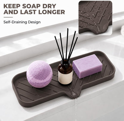 Silicone Soap Dish with Drain Spout, Self-Draining Sink Organizer Tray for Bathroom and Kitchen, Sponges, Dispensers and Soap Holder, Non-Slip and Dishwasher Safe, Black (Compact, 4.9"×3.2")
