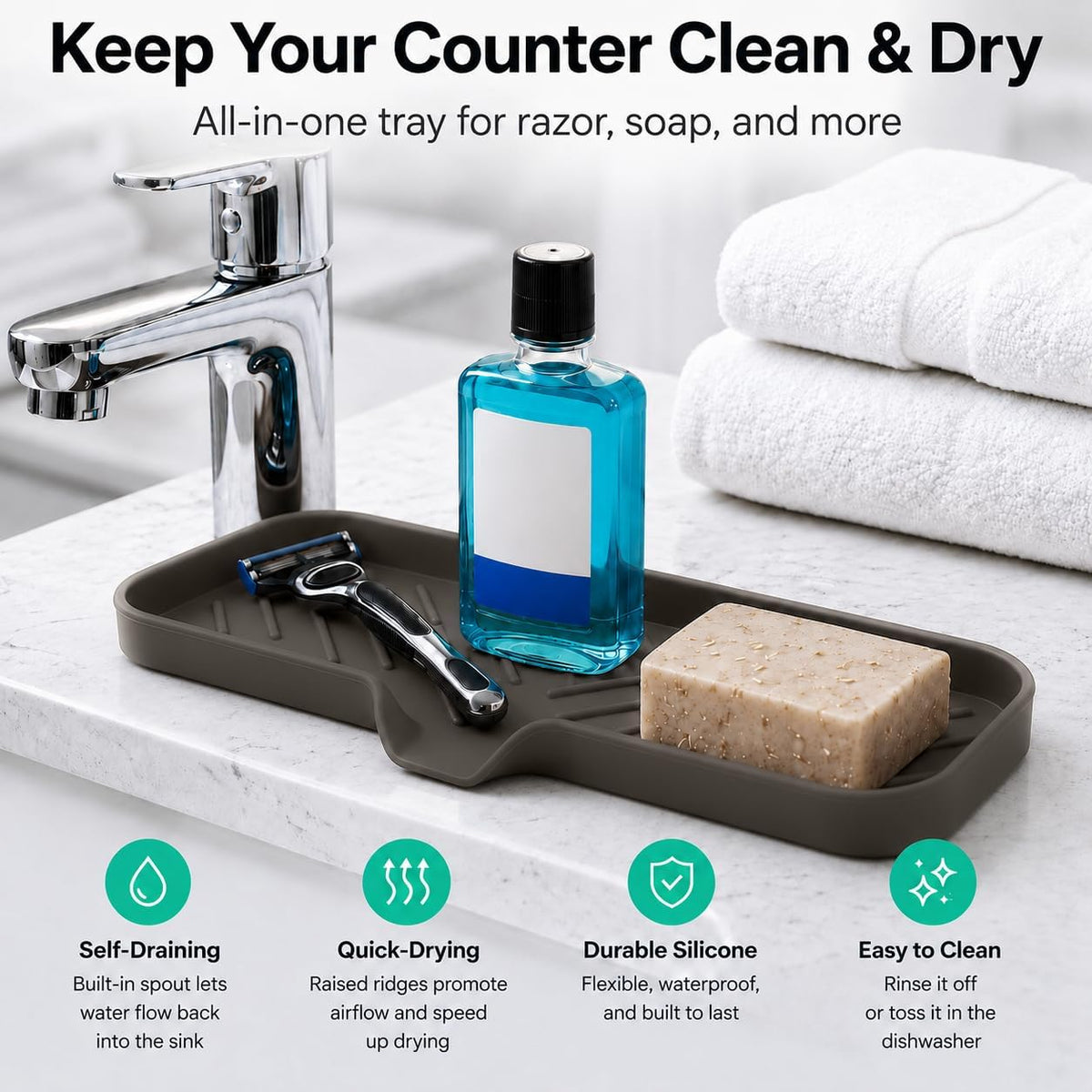 Silicone Soap Dish with Drain Spout, Self-Draining Sink Organizer Tray for Bathroom and Kitchen, Sponges, Dispensers and Soap Holder, Non-Slip and Dishwasher Safe, Black (Compact, 4.9"×3.2")