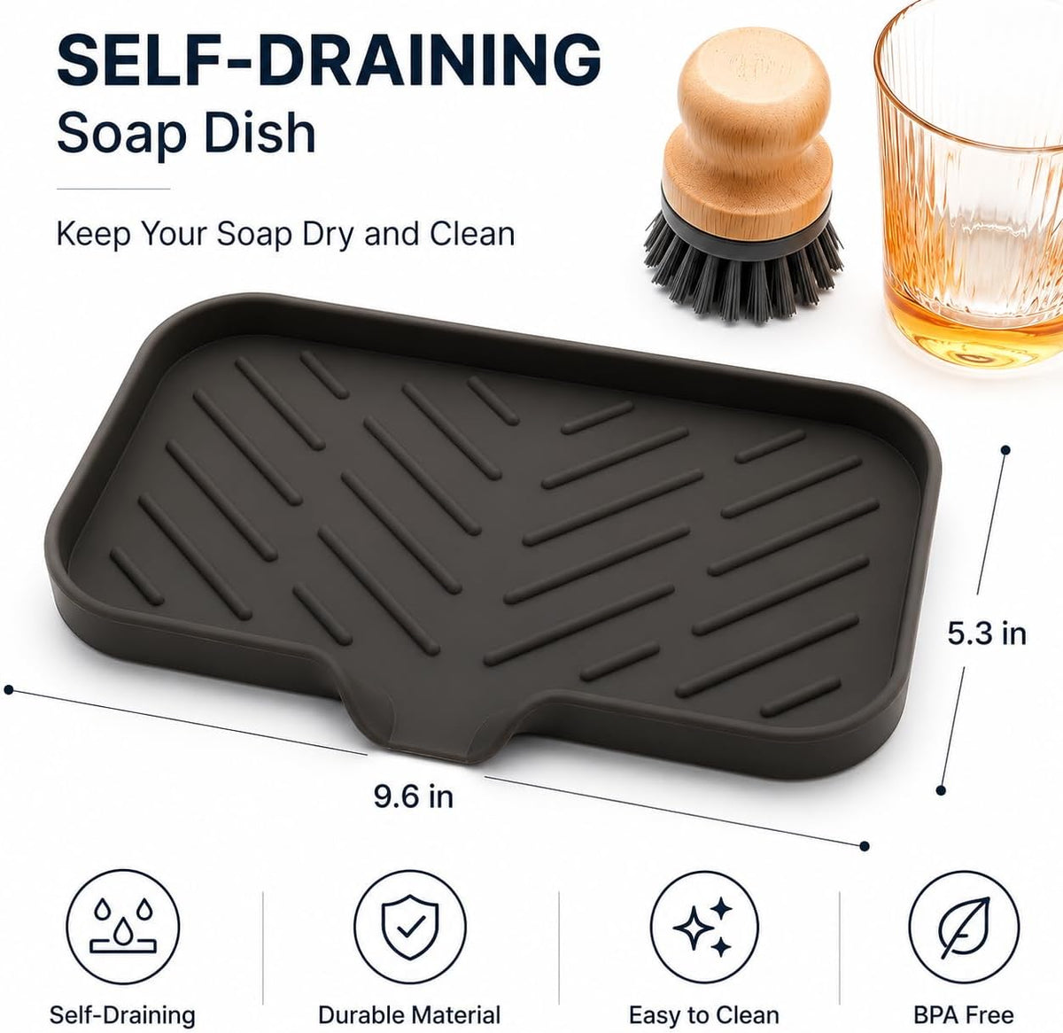 Silicone Soap Dish with Drain Spout, Self-Draining Sink Organizer Tray for Bathroom and Kitchen, Sponges, Dispensers and Soap Holder, Non-Slip and Dishwasher Safe, Black (Compact, 4.9"×3.2")