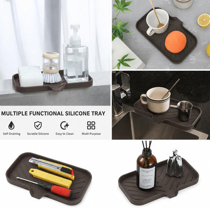 Silicone Soap Dish with Drain Spout, Self-Draining Sink Organizer Tray for Bathroom and Kitchen, Sponges, Dispensers and Soap Holder, Non-Slip and Dishwasher Safe, Black (Compact, 4.9"×3.2")