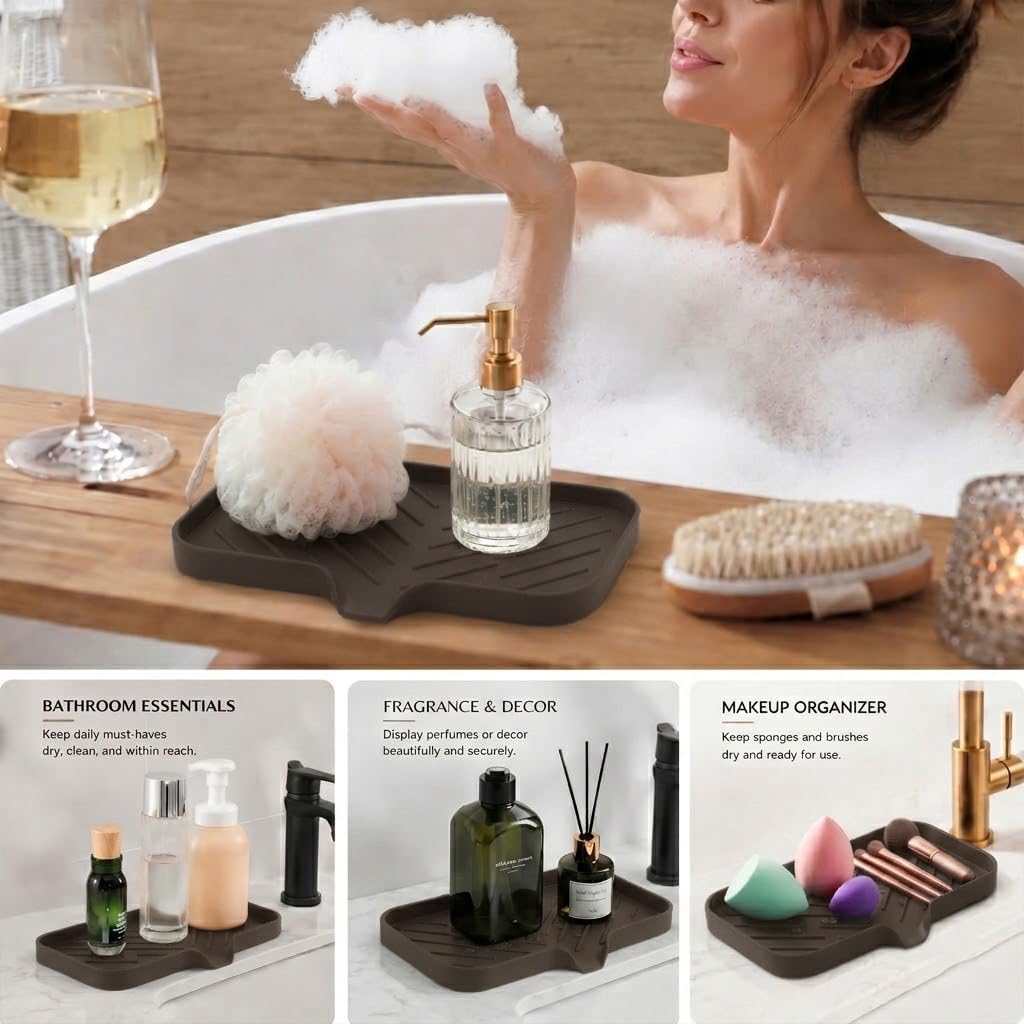 Silicone Soap Dish with Drain Spout, Self-Draining Sink Organizer Tray for Bathroom and Kitchen, Sponges, Dispensers and Soap Holder, Non-Slip and Dishwasher Safe, Black (Compact, 4.9"×3.2")