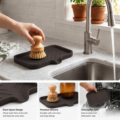 Silicone Soap Dish with Drain Spout, Self-Draining Sink Organizer Tray for Bathroom and Kitchen, Sponges, Dispensers and Soap Holder, Non-Slip and Dishwasher Safe, Black (Compact, 4.9"×3.2")