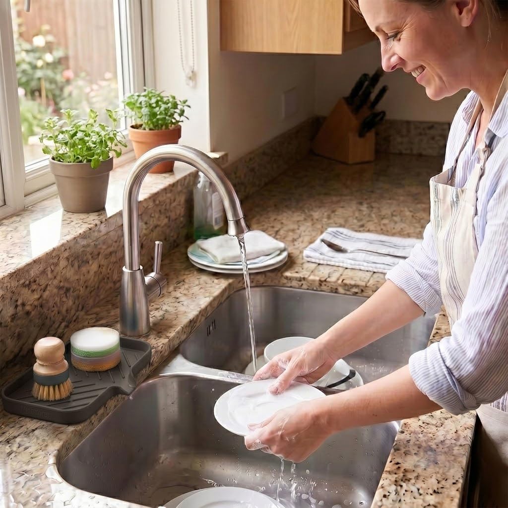 Silicone Soap Dish with Drain Spout, Self-Draining Sink Organizer Tray for Bathroom and Kitchen, Sponges, Dispensers and Soap Holder, Non-Slip and Dishwasher Safe, Black (Compact, 4.9"×3.2")