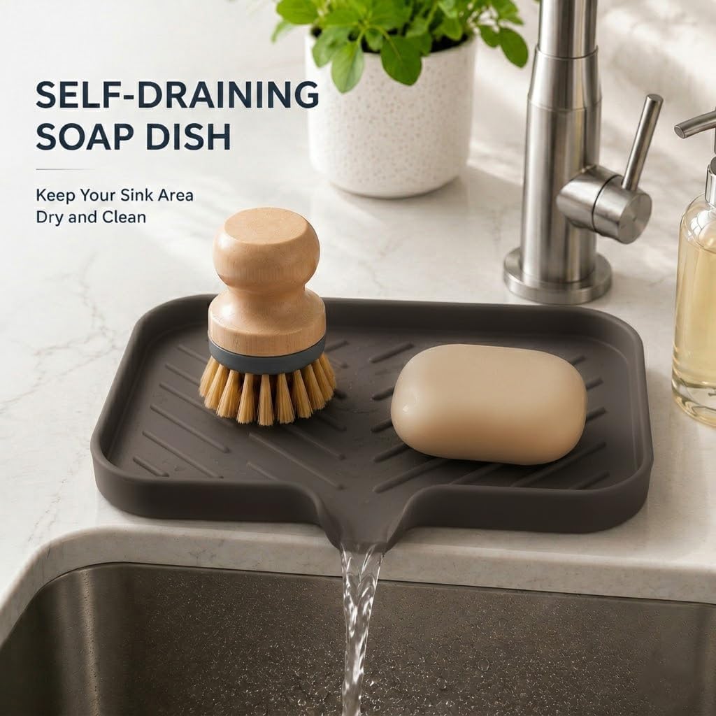 Silicone Soap Dish with Drain Spout, Self-Draining Sink Organizer Tray for Bathroom and Kitchen, Sponges, Dispensers and Soap Holder, Non-Slip and Dishwasher Safe, Black (Compact, 4.9"×3.2")