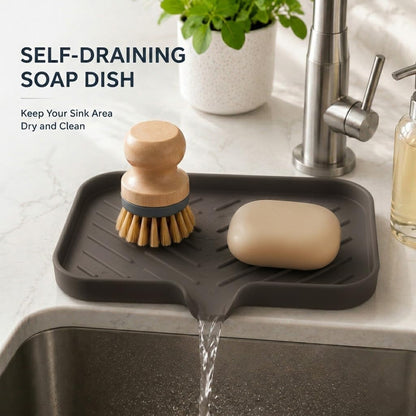 Silicone Soap Dish with Drain Spout, Self-Draining Sink Organizer Tray for Bathroom and Kitchen, Sponges, Dispensers and Soap Holder, Non-Slip and Dishwasher Safe, Black (Compact, 4.9"×3.2")