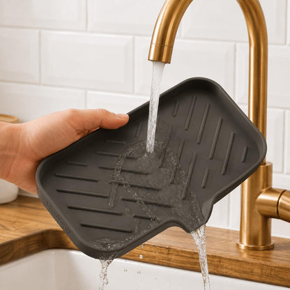 Silicone Soap Dish with Drain Spout, Self-Draining Sink Organizer Tray for Bathroom and Kitchen, Sponges, Dispensers and Soap Holder, Non-Slip and Dishwasher Safe, Black (Compact, 4.9"×3.2")