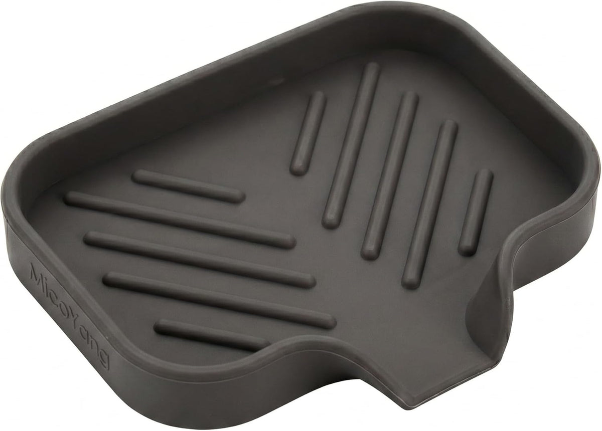 Silicone Soap Dish with Drain Spout, Self-Draining Sink Organizer Tray for Bathroom and Kitchen, Sponges, Dispensers and Soap Holder, Non-Slip and Dishwasher Safe, Black (Compact, 4.9"×3.2")