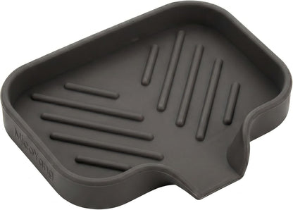 Silicone Soap Dish with Drain Spout, Self-Draining Sink Organizer Tray for Bathroom and Kitchen, Sponges, Dispensers and Soap Holder, Non-Slip and Dishwasher Safe, Black (Compact, 4.9"×3.2")