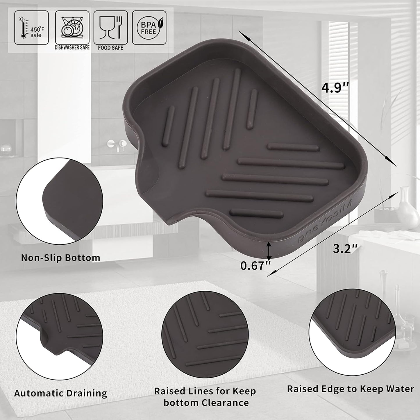Silicone Soap Dish with Drain Spout, Self-Draining Sink Organizer Tray for Bathroom and Kitchen, Sponges, Dispensers and Soap Holder, Non-Slip and Dishwasher Safe, Black (Compact, 4.9"×3.2")