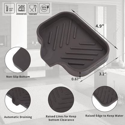 Silicone Soap Dish with Drain Spout, Self-Draining Sink Organizer Tray for Bathroom and Kitchen, Sponges, Dispensers and Soap Holder, Non-Slip and Dishwasher Safe, Black (Compact, 4.9"×3.2")