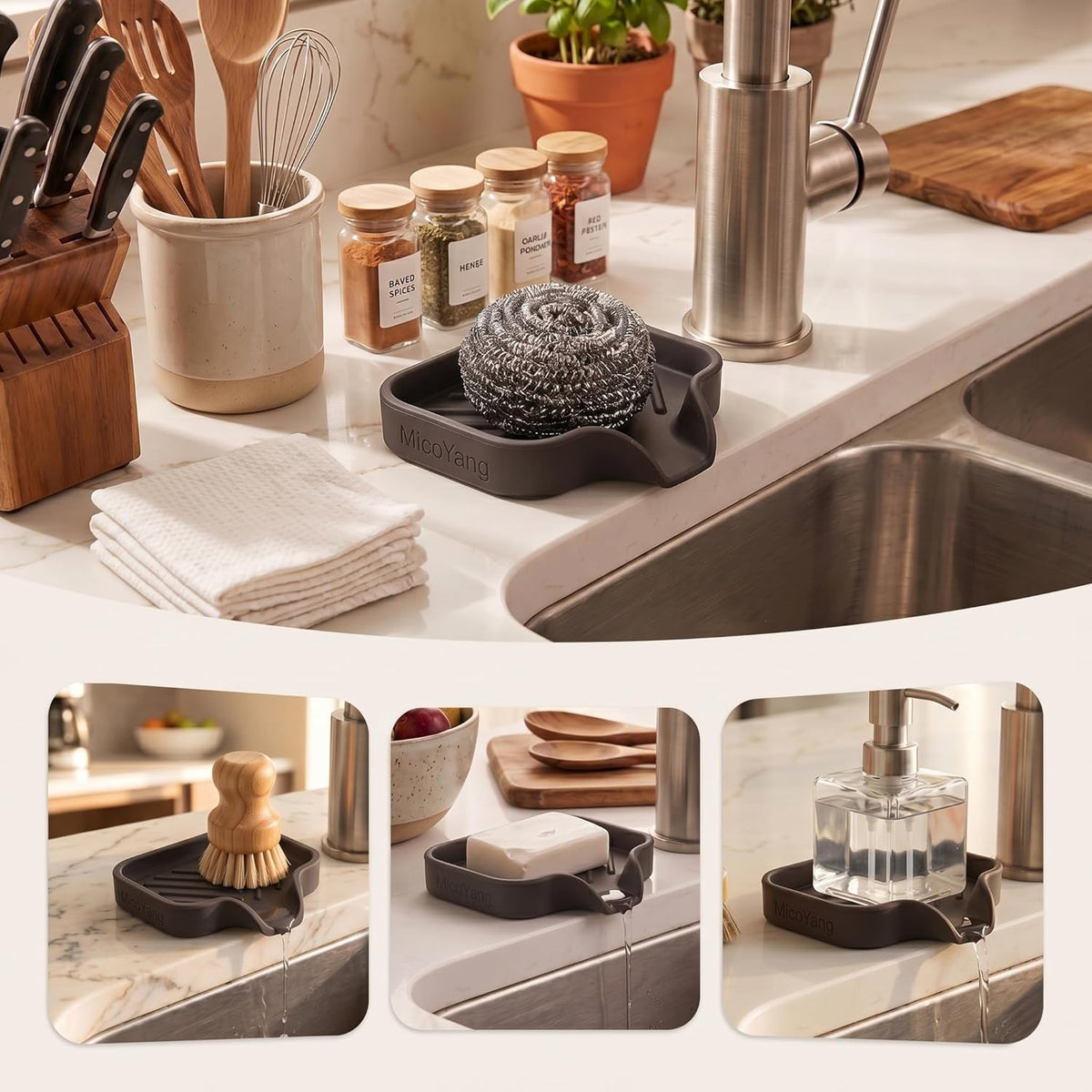 Silicone Soap Dish with Drain Spout, Self-Draining Sink Organizer Tray for Bathroom and Kitchen, Sponges, Dispensers and Soap Holder, Non-Slip and Dishwasher Safe, Black (Compact, 4.9"×3.2")