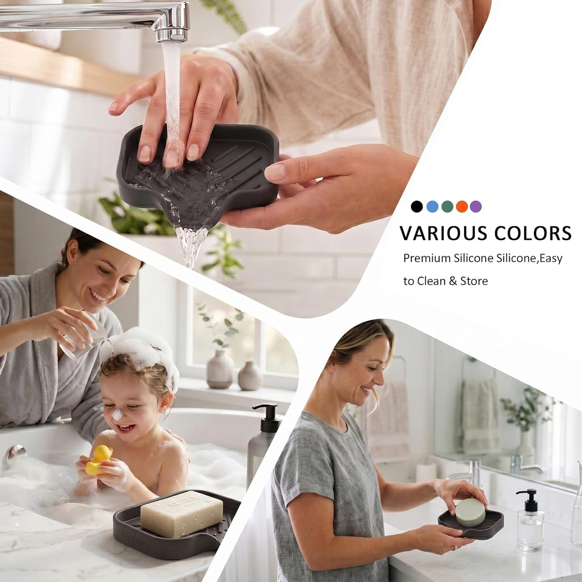 Silicone Soap Dish with Drain Spout, Self-Draining Sink Organizer Tray for Bathroom and Kitchen, Sponges, Dispensers and Soap Holder, Non-Slip and Dishwasher Safe, Black (Compact, 4.9"×3.2")