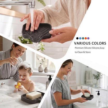 Silicone Soap Dish with Drain Spout, Self-Draining Sink Organizer Tray for Bathroom and Kitchen, Sponges, Dispensers and Soap Holder, Non-Slip and Dishwasher Safe, Black (Compact, 4.9"×3.2")