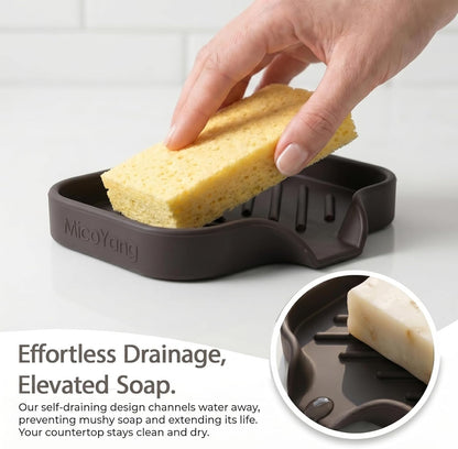 Silicone Soap Dish with Drain Spout, Self-Draining Sink Organizer Tray for Bathroom and Kitchen, Sponges, Dispensers and Soap Holder, Non-Slip and Dishwasher Safe, Black (Compact, 4.9"×3.2")