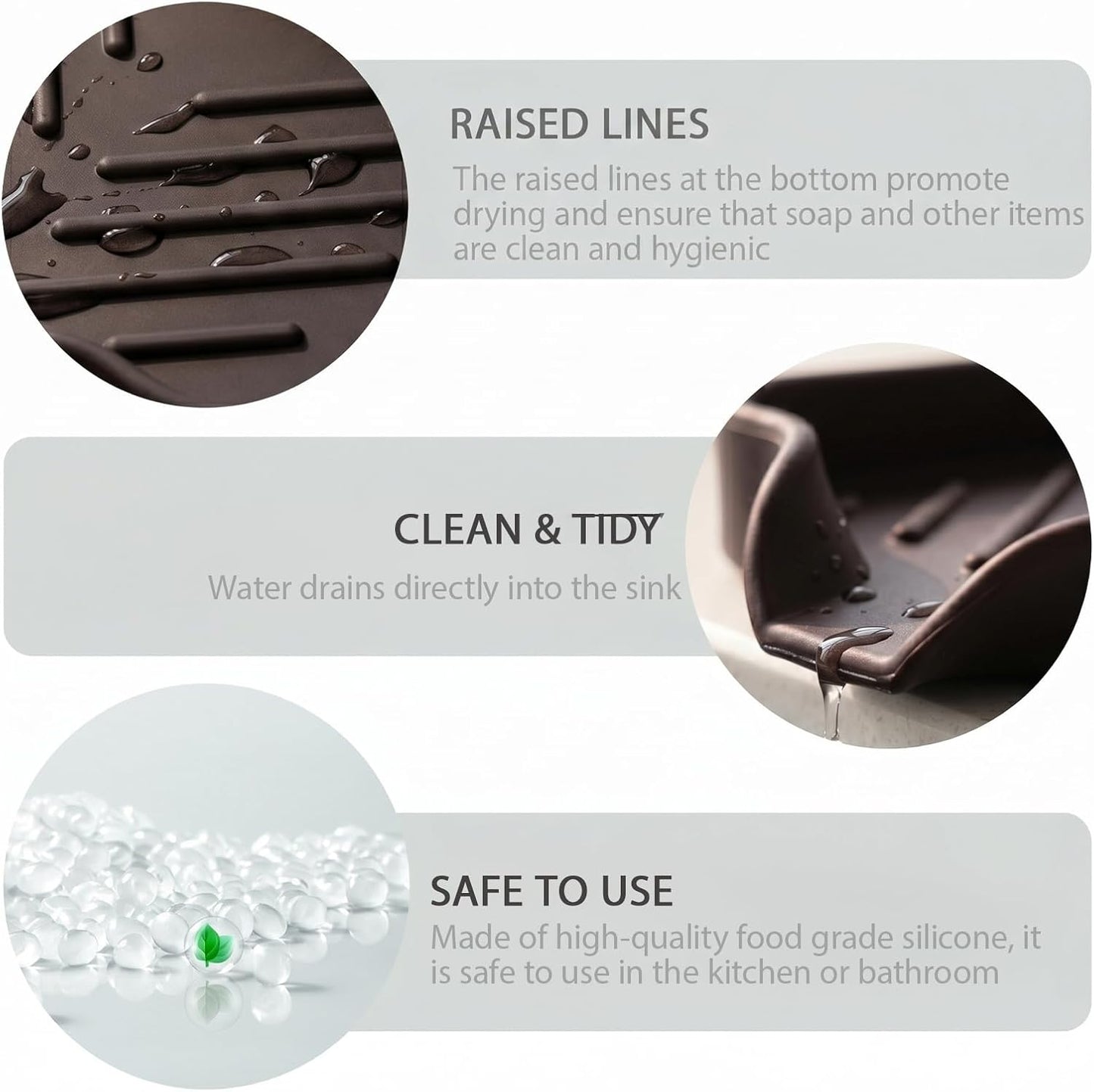 Silicone Soap Dish with Drain Spout, Self-Draining Sink Organizer Tray for Bathroom and Kitchen, Sponges, Dispensers and Soap Holder, Non-Slip and Dishwasher Safe, Black (Compact, 4.9"×3.2")
