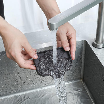 Silicone Soap Dish with Drain Spout, Self-Draining Sink Organizer Tray for Bathroom and Kitchen, Sponges, Dispensers and Soap Holder, Non-Slip and Dishwasher Safe, Black (Compact, 4.9"×3.2")