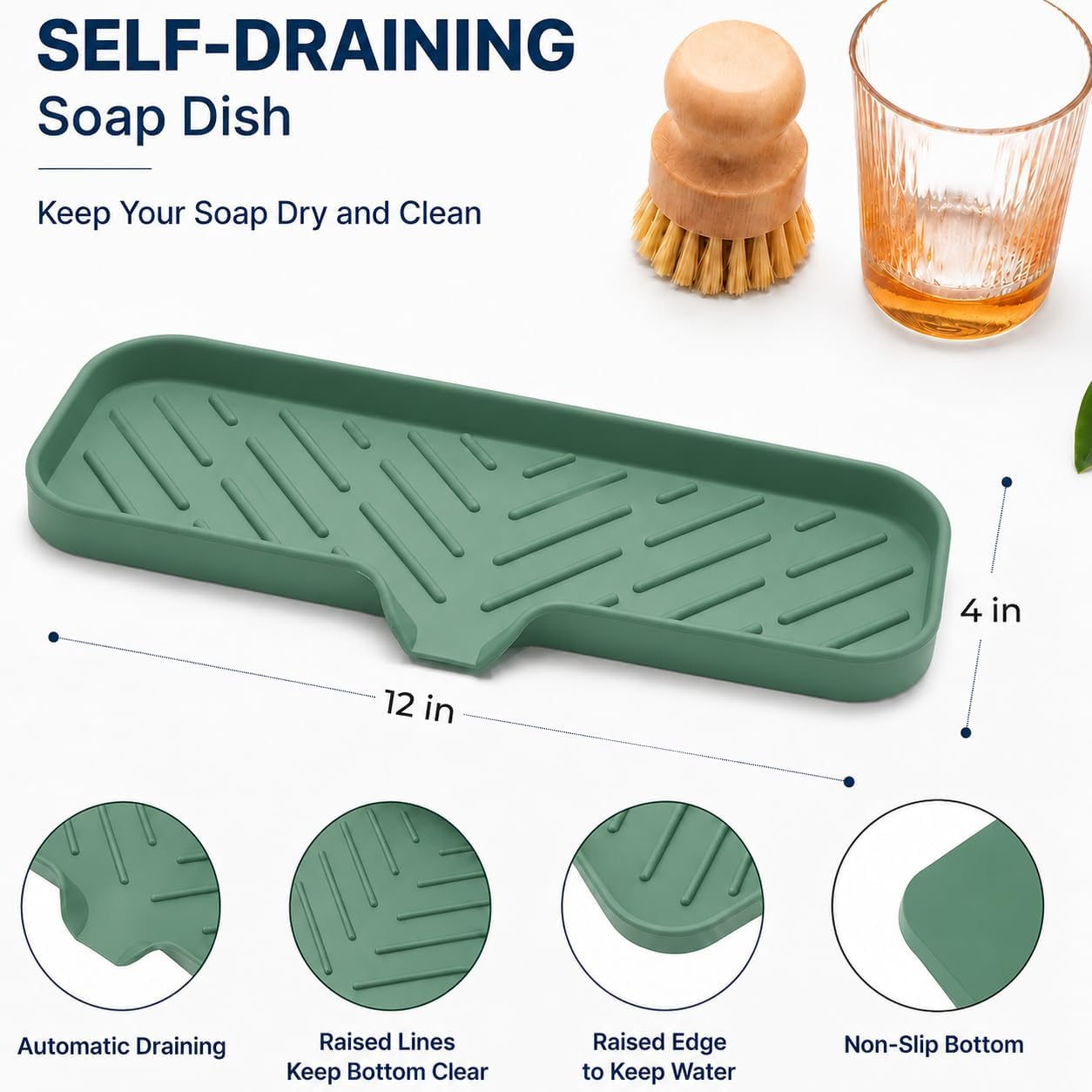Silicone Soap Dish with Drain Spout, Self-Draining Sink Organizer Tray for Bathroom and Kitchen, Sponges, Dispensers and Soap Holder, Non-Slip and Dishwasher Safe, Black (Compact, 4.9"×3.2")