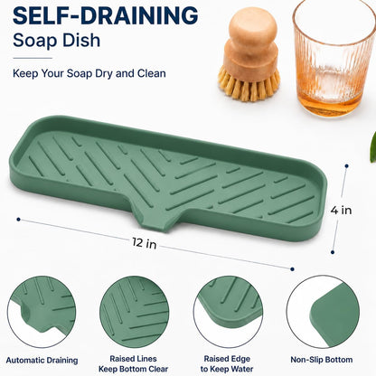 Silicone Soap Dish with Drain Spout, Self-Draining Sink Organizer Tray for Bathroom and Kitchen, Sponges, Dispensers and Soap Holder, Non-Slip and Dishwasher Safe, Black (Compact, 4.9"×3.2")