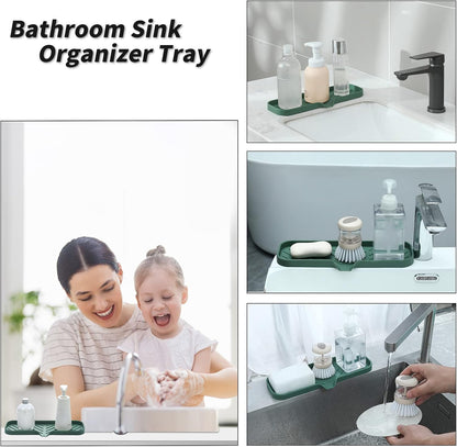 Silicone Soap Dish with Drain Spout, Self-Draining Sink Organizer Tray for Bathroom and Kitchen, Sponges, Dispensers and Soap Holder, Non-Slip and Dishwasher Safe, Black (Compact, 4.9"×3.2")