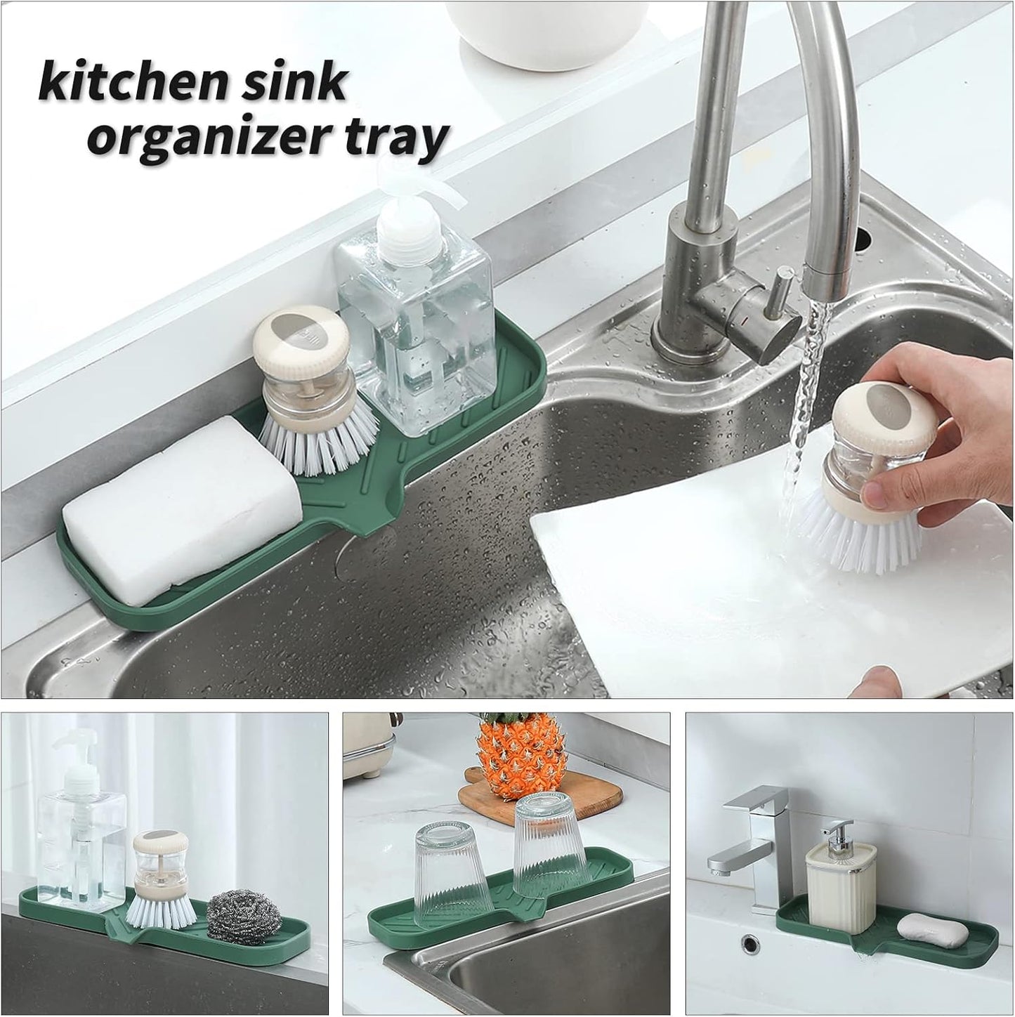 Silicone Soap Dish with Drain Spout, Self-Draining Sink Organizer Tray for Bathroom and Kitchen, Sponges, Dispensers and Soap Holder, Non-Slip and Dishwasher Safe, Black (Compact, 4.9"×3.2")
