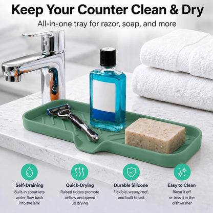 Silicone Soap Dish with Drain Spout, Self-Draining Sink Organizer Tray for Bathroom and Kitchen, Sponges, Dispensers and Soap Holder, Non-Slip and Dishwasher Safe, Black (Compact, 4.9"×3.2")