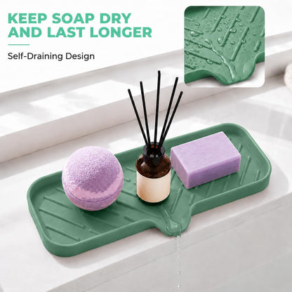 Silicone Soap Dish with Drain Spout, Self-Draining Sink Organizer Tray for Bathroom and Kitchen, Sponges, Dispensers and Soap Holder, Non-Slip and Dishwasher Safe, Black (Compact, 4.9"×3.2")