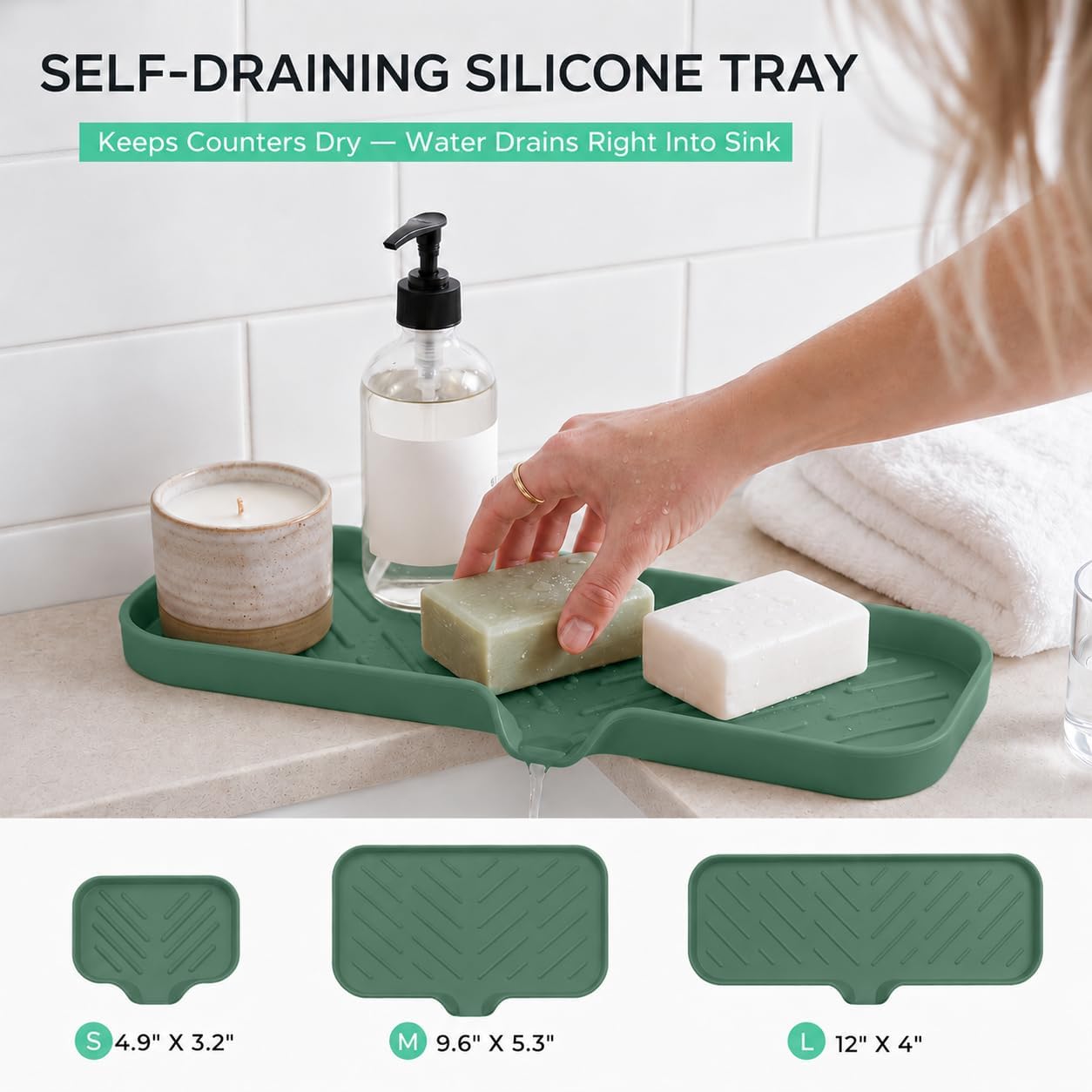 Silicone Soap Dish with Drain Spout, Self-Draining Sink Organizer Tray for Bathroom and Kitchen, Sponges, Dispensers and Soap Holder, Non-Slip and Dishwasher Safe, Black (Compact, 4.9"×3.2")