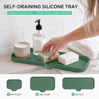 Silicone Soap Dish with Drain Spout, Self-Draining Sink Organizer Tray for Bathroom and Kitchen, Sponges, Dispensers and Soap Holder, Non-Slip and Dishwasher Safe, Black (Compact, 4.9"×3.2")