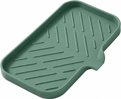 Silicone Soap Dish with Drain Spout, Self-Draining Sink Organizer Tray for Bathroom and Kitchen, Sponges, Dispensers and Soap Holder, Non-Slip and Dishwasher Safe, Black (Compact, 4.9"×3.2")