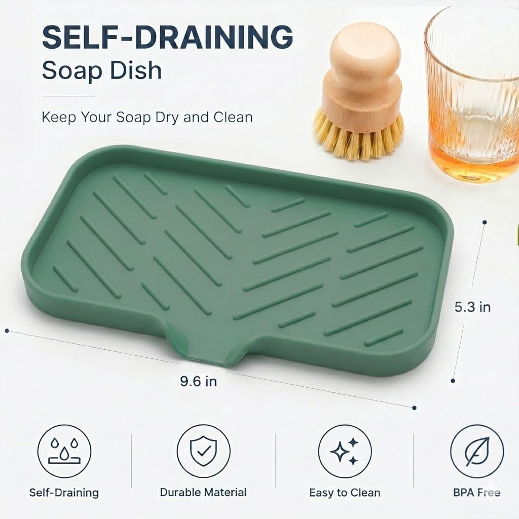 Silicone Soap Dish with Drain Spout, Self-Draining Sink Organizer Tray for Bathroom and Kitchen, Sponges, Dispensers and Soap Holder, Non-Slip and Dishwasher Safe, Black (Compact, 4.9"×3.2")