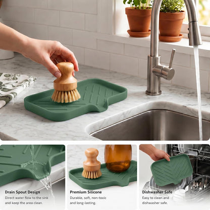 Silicone Soap Dish with Drain Spout, Self-Draining Sink Organizer Tray for Bathroom and Kitchen, Sponges, Dispensers and Soap Holder, Non-Slip and Dishwasher Safe, Black (Compact, 4.9"×3.2")