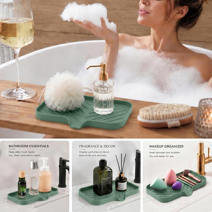 Silicone Soap Dish with Drain Spout, Self-Draining Sink Organizer Tray for Bathroom and Kitchen, Sponges, Dispensers and Soap Holder, Non-Slip and Dishwasher Safe, Black (Compact, 4.9"×3.2")
