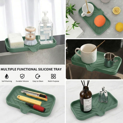 Silicone Soap Dish with Drain Spout, Self-Draining Sink Organizer Tray for Bathroom and Kitchen, Sponges, Dispensers and Soap Holder, Non-Slip and Dishwasher Safe, Black (Compact, 4.9"×3.2")