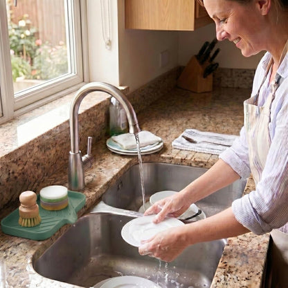 Silicone Soap Dish with Drain Spout, Self-Draining Sink Organizer Tray for Bathroom and Kitchen, Sponges, Dispensers and Soap Holder, Non-Slip and Dishwasher Safe, Black (Compact, 4.9"×3.2")