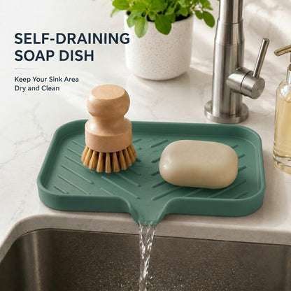 Silicone Soap Dish with Drain Spout, Self-Draining Sink Organizer Tray for Bathroom and Kitchen, Sponges, Dispensers and Soap Holder, Non-Slip and Dishwasher Safe, Black (Compact, 4.9"×3.2")