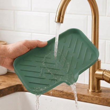 Silicone Soap Dish with Drain Spout, Self-Draining Sink Organizer Tray for Bathroom and Kitchen, Sponges, Dispensers and Soap Holder, Non-Slip and Dishwasher Safe, Black (Compact, 4.9"×3.2")