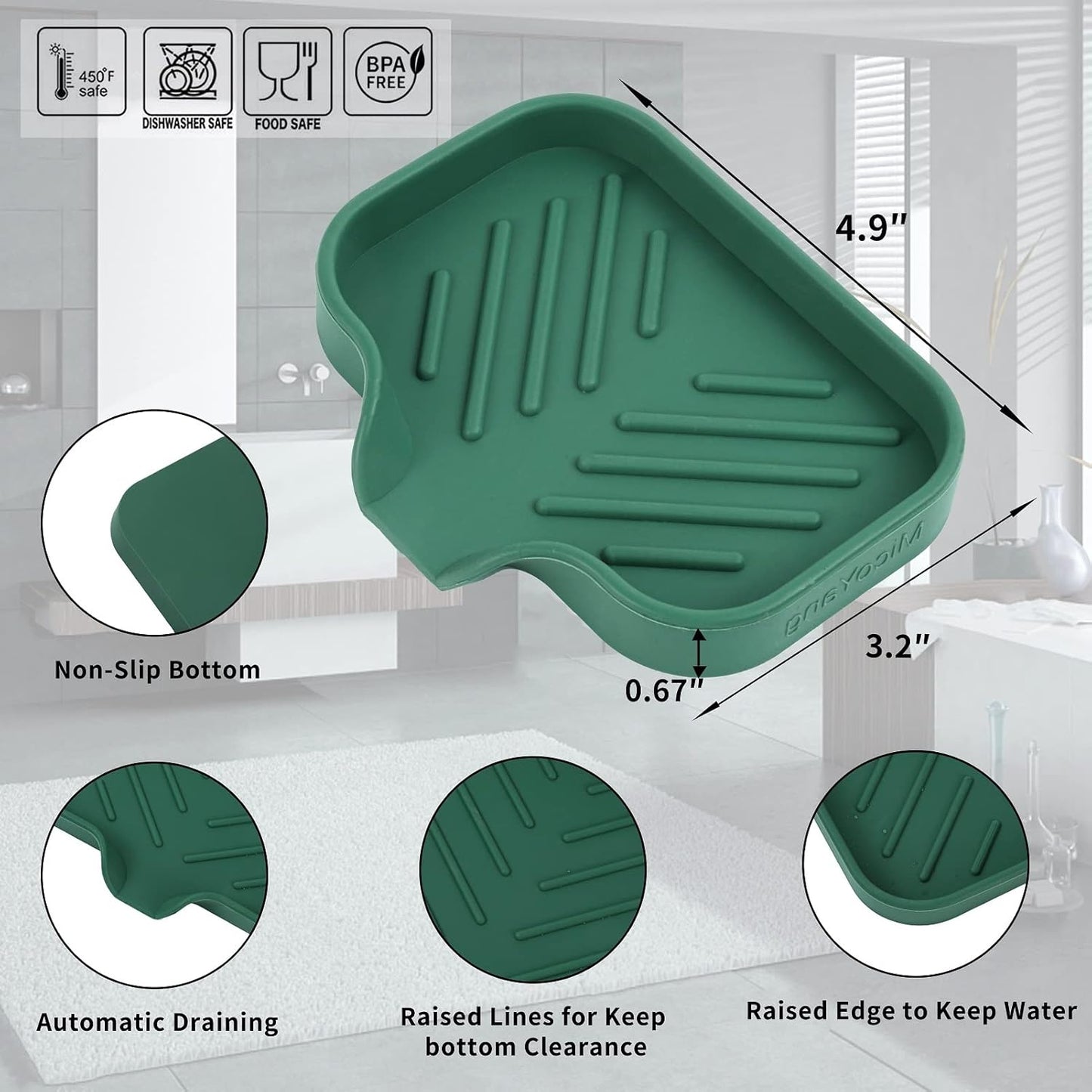 Silicone Soap Dish with Drain Spout, Self-Draining Sink Organizer Tray for Bathroom and Kitchen, Sponges, Dispensers and Soap Holder, Non-Slip and Dishwasher Safe, Black (Compact, 4.9"×3.2")