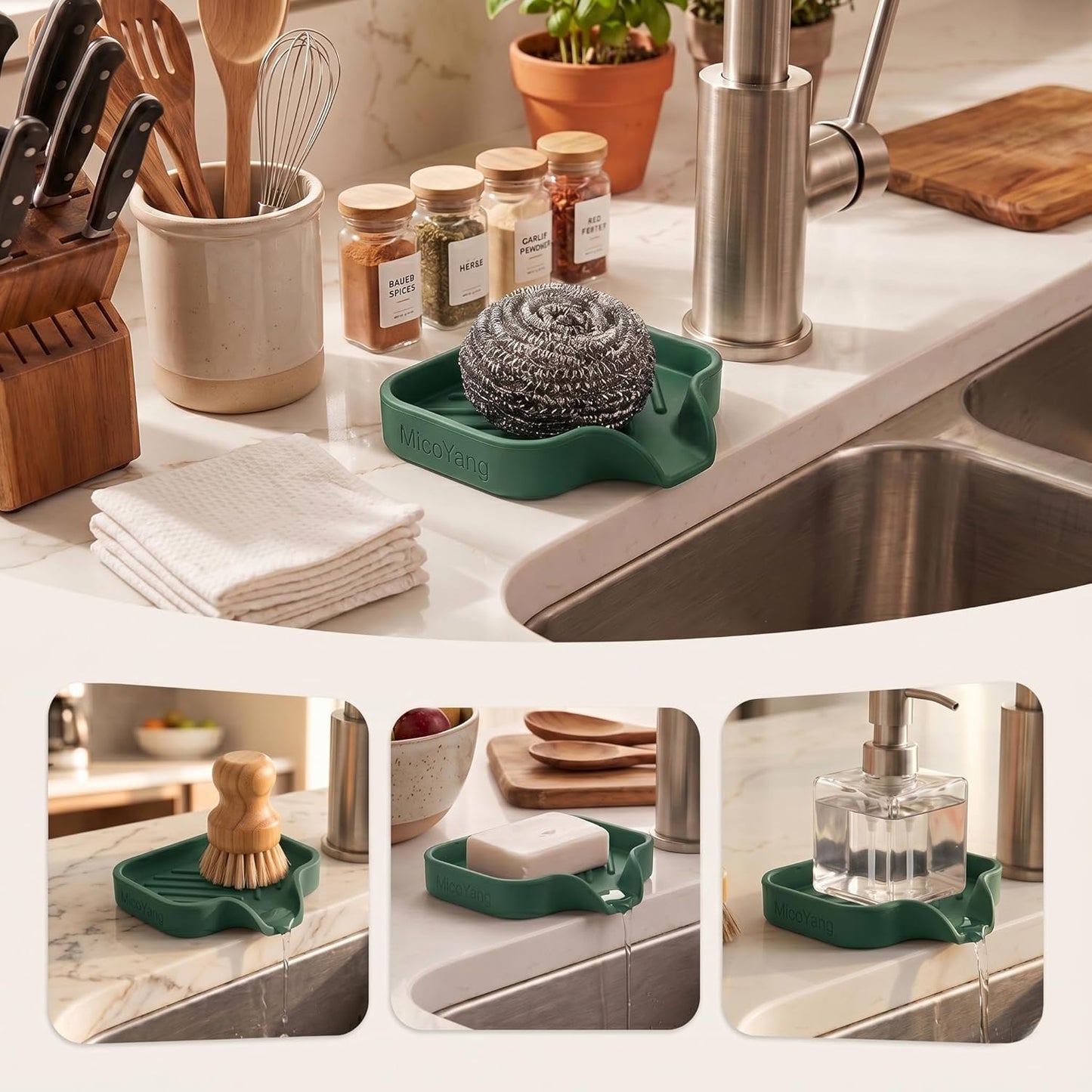 Silicone Soap Dish with Drain Spout, Self-Draining Sink Organizer Tray for Bathroom and Kitchen, Sponges, Dispensers and Soap Holder, Non-Slip and Dishwasher Safe, Black (Compact, 4.9"×3.2")