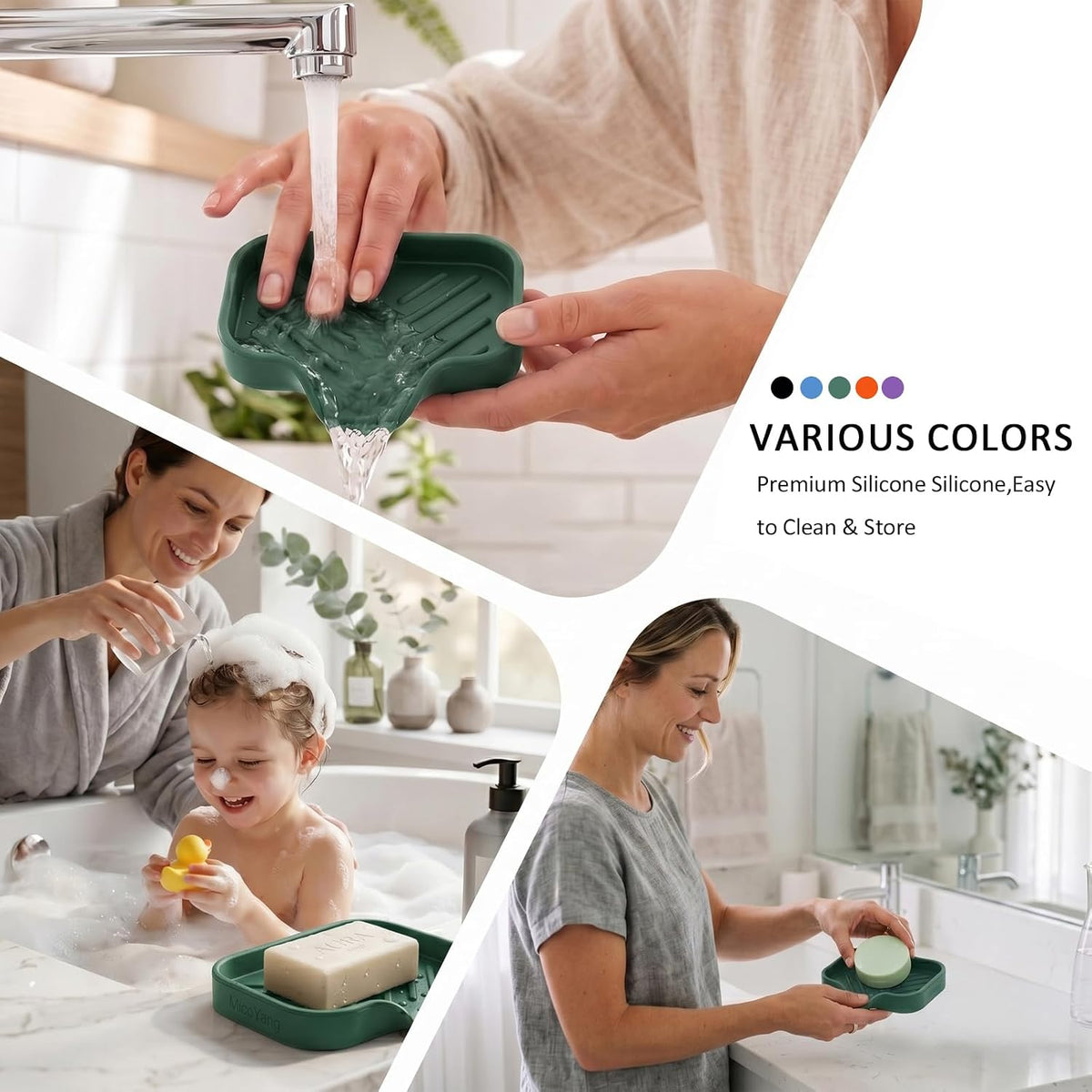 Silicone Soap Dish with Drain Spout, Self-Draining Sink Organizer Tray for Bathroom and Kitchen, Sponges, Dispensers and Soap Holder, Non-Slip and Dishwasher Safe, Black (Compact, 4.9"×3.2")