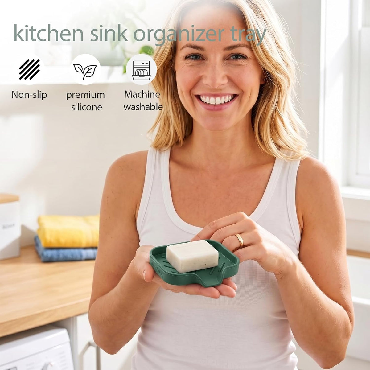 Silicone Soap Dish with Drain Spout, Self-Draining Sink Organizer Tray for Bathroom and Kitchen, Sponges, Dispensers and Soap Holder, Non-Slip and Dishwasher Safe, Black (Compact, 4.9"×3.2")