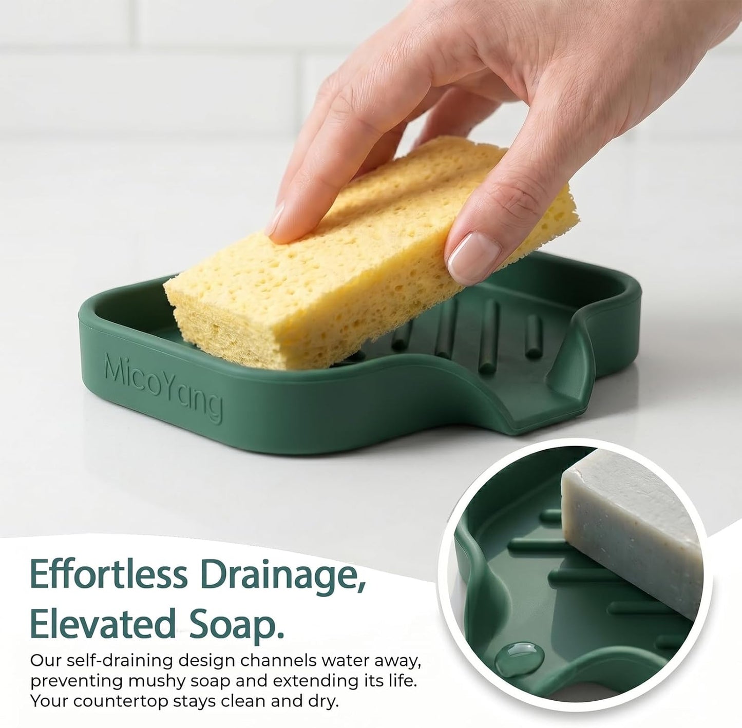Silicone Soap Dish with Drain Spout, Self-Draining Sink Organizer Tray for Bathroom and Kitchen, Sponges, Dispensers and Soap Holder, Non-Slip and Dishwasher Safe, Black (Compact, 4.9"×3.2")