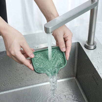 Silicone Soap Dish with Drain Spout, Self-Draining Sink Organizer Tray for Bathroom and Kitchen, Sponges, Dispensers and Soap Holder, Non-Slip and Dishwasher Safe, Black (Compact, 4.9"×3.2")